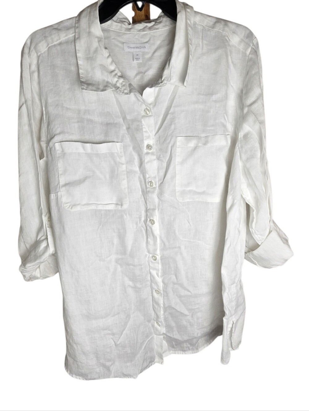 Charter Club 100% Linen White Coastal Button Down Roll Tab Sleeves 2X
